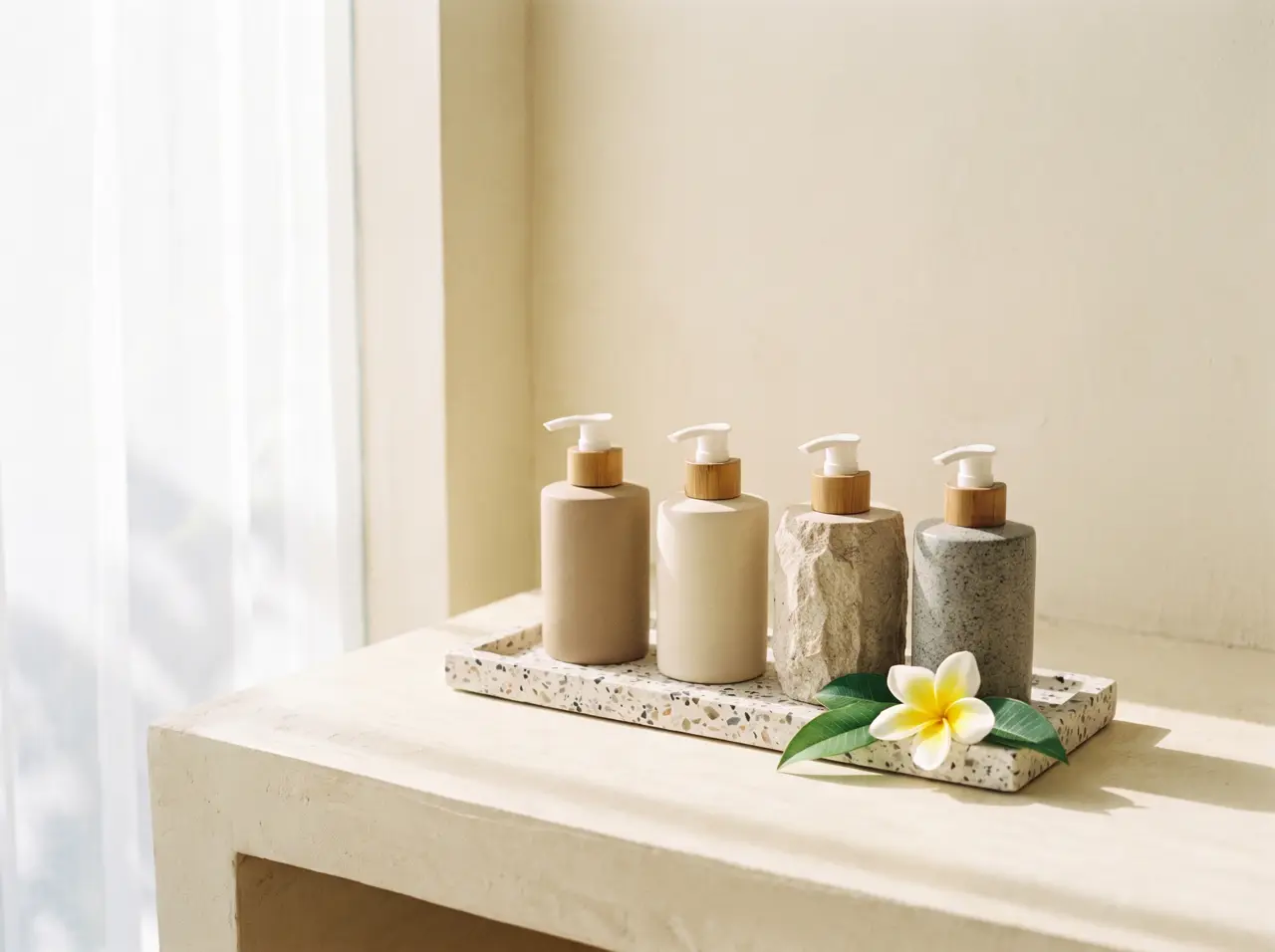Set of matte ceramic and stone dispenser bottles on a terrazzo tray