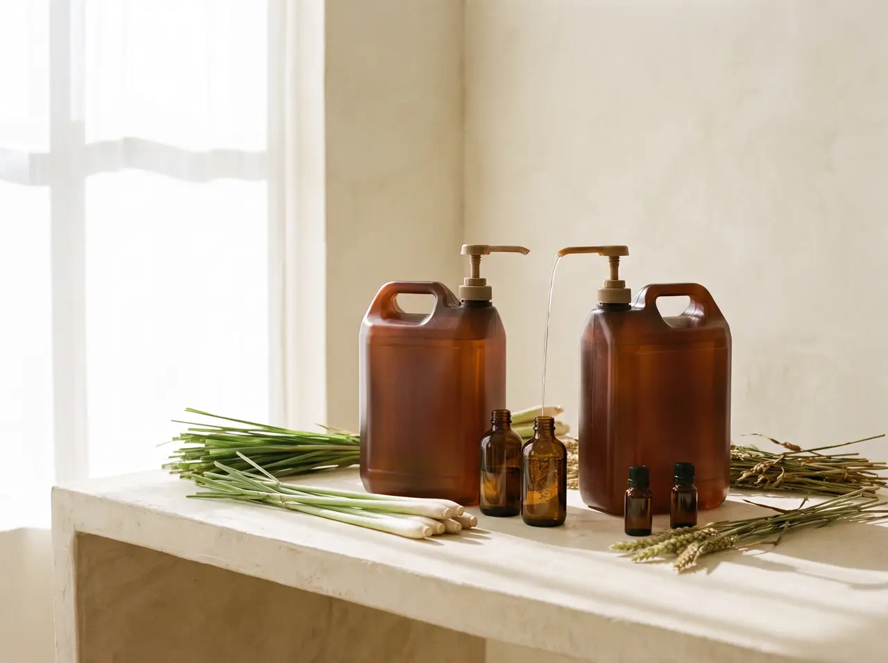 Amber refill canisters with pump taps and small amber glass bottles