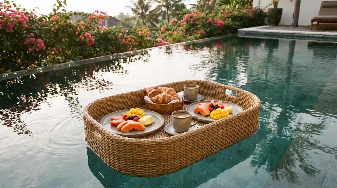 Rattan floating breakfast tray with craft ceramic plates and fruit in a villa pool