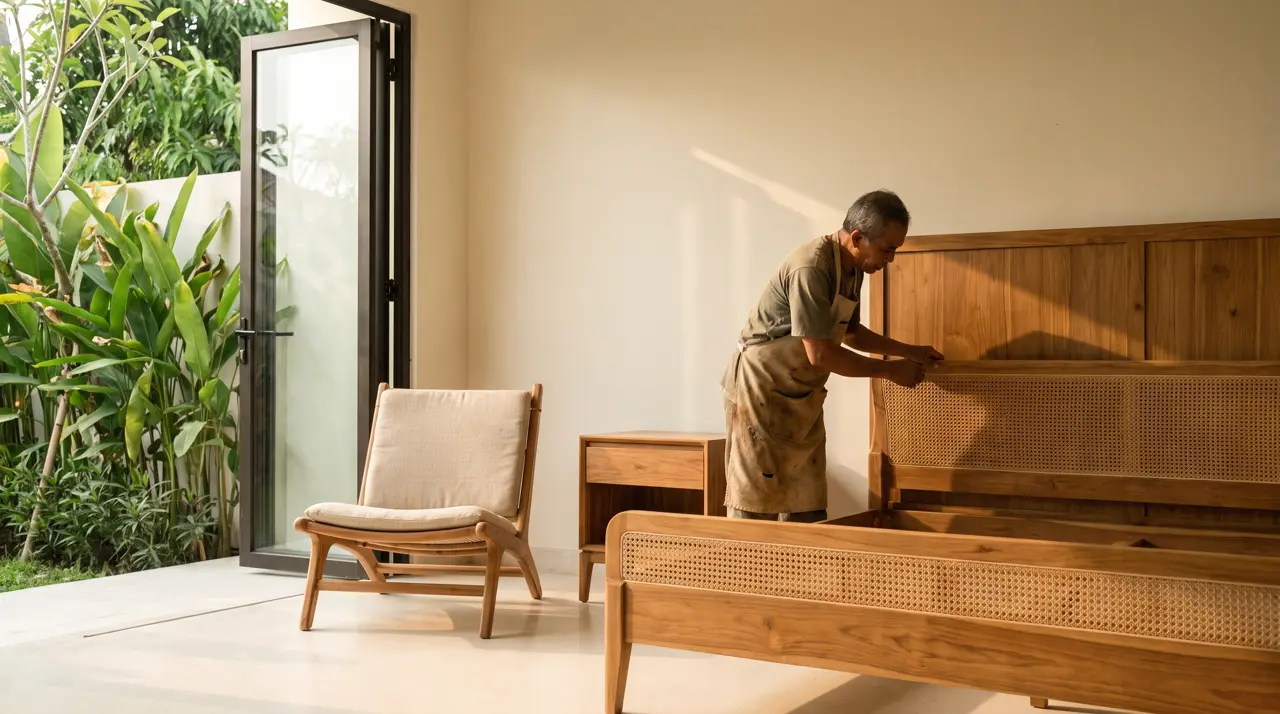Custom teak bed frame with rattan headboard and mindi nightstand in a furniture workshop showroom