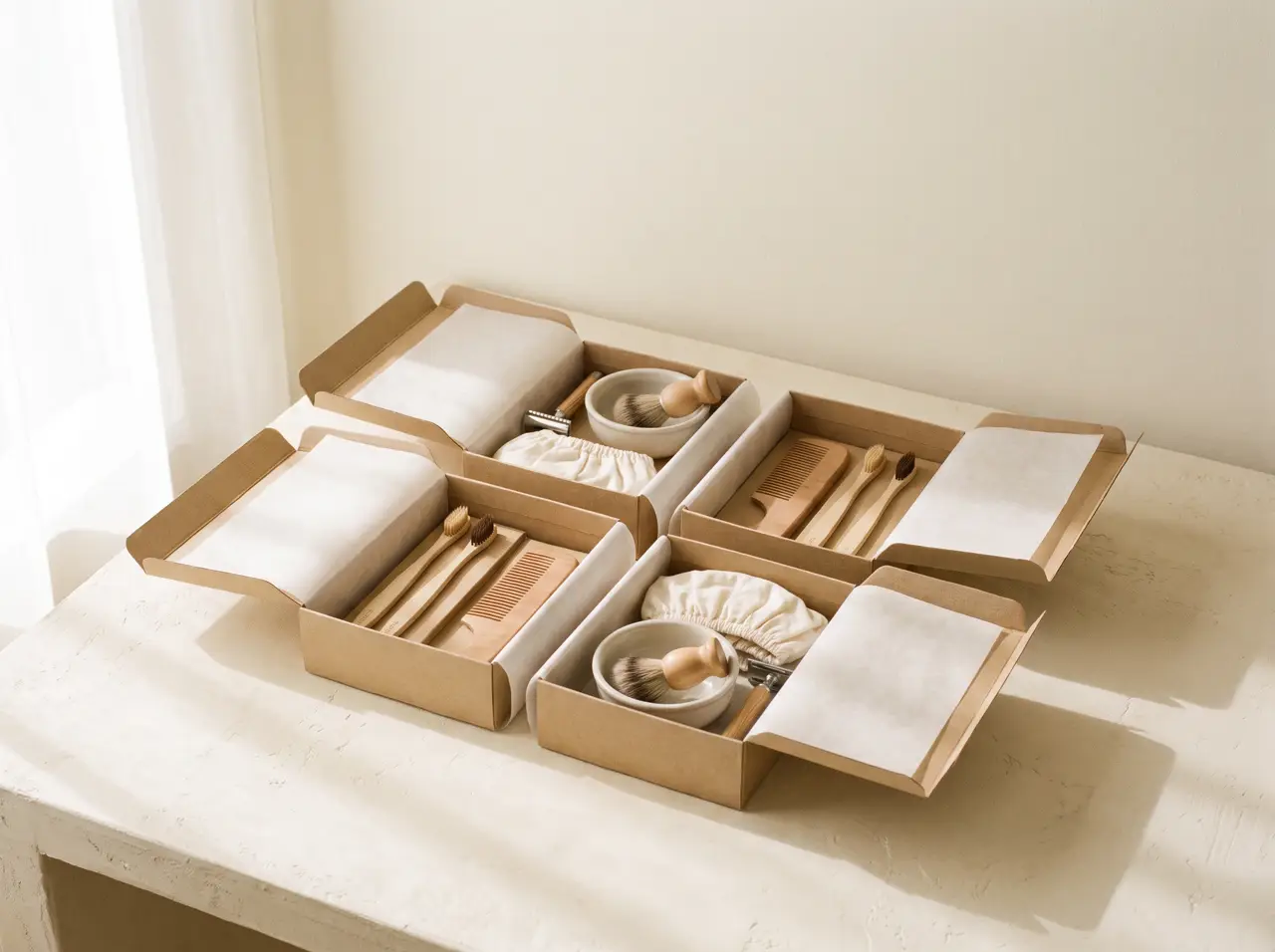 Kraft paper guest kits with bamboo toothbrushes and wooden combs