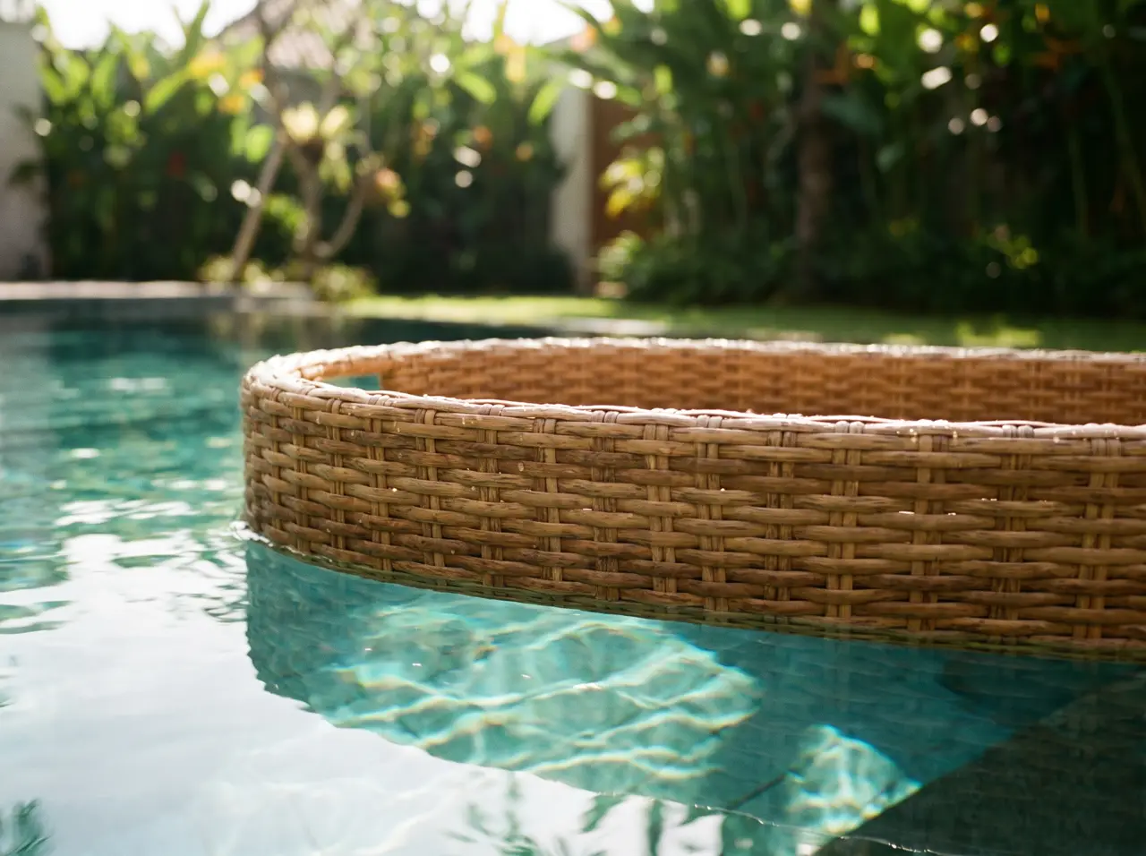 Woven rattan floating breakfast tray in clear pool water
