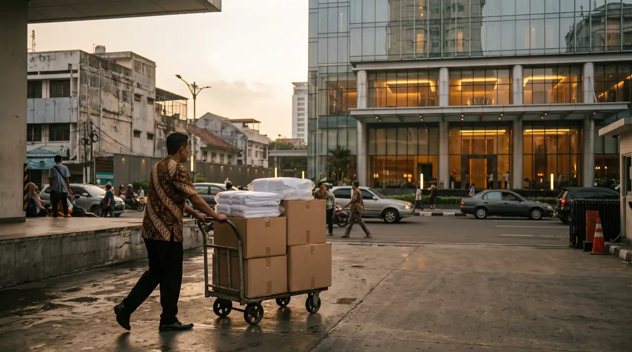 Pallets of hotel linen and boxed room equipment staged at a Jakarta cross-dock with the city skyline behind