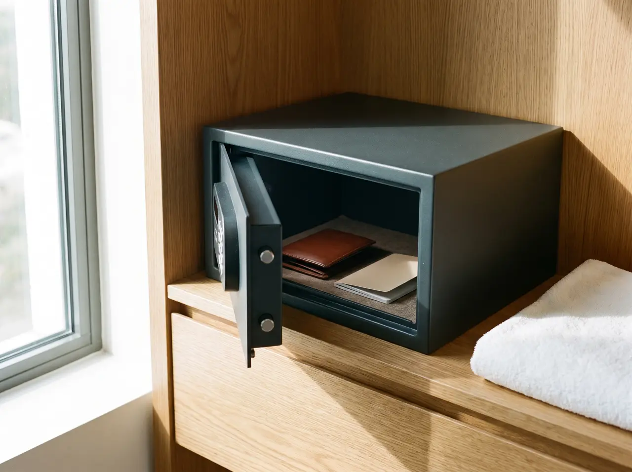 Graphite electronic hotel safe with open door on a wardrobe shelf