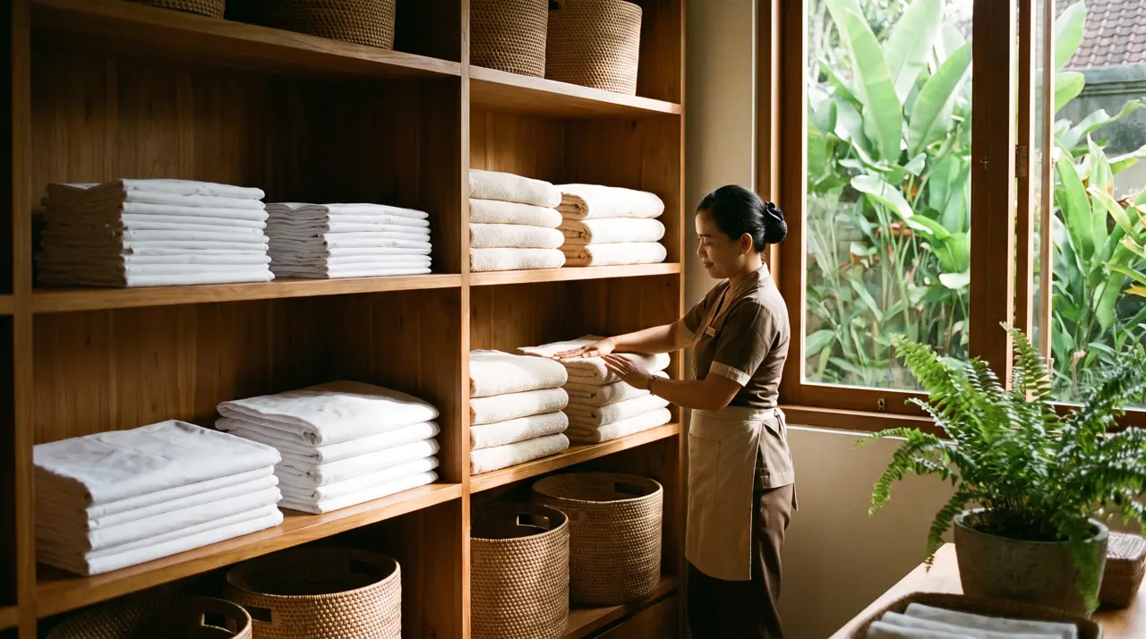 Teak shelves stacked with white percale sheets and ecru towels in a Bali hotel linen room