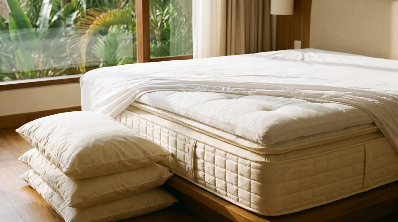 Hotel-grade pocket spring mattress with white topper and protector in a bright villa bedroom