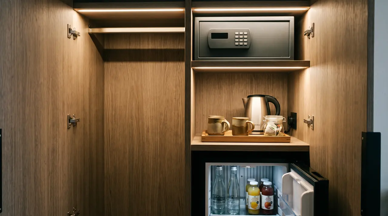 Hotel wardrobe with electronic safe, minibar and kettle tray set in warm light