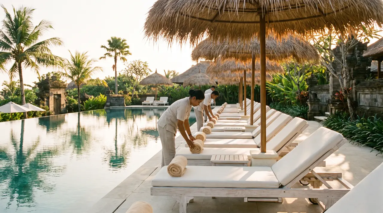Stacks of fresh white pool towels on a teak trolley beside a Seminyak resort pool at midday