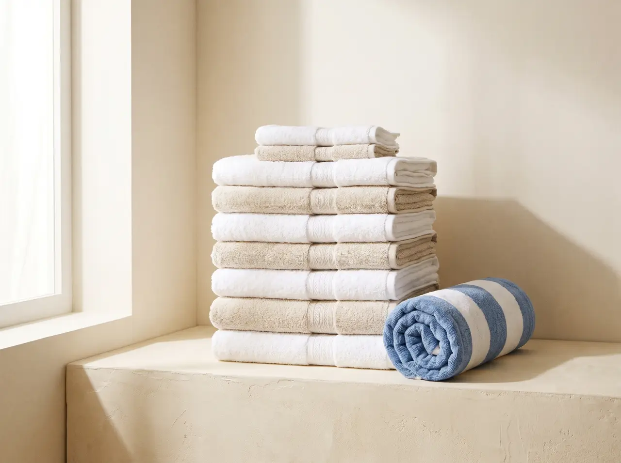 Stack of thick white and ecru hotel towels with a rolled pool towel