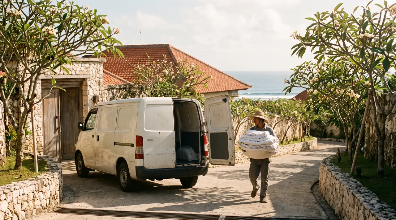 Delivery van loaded with linen boxes and amenity canisters outside a Denpasar warehouse at sunrise