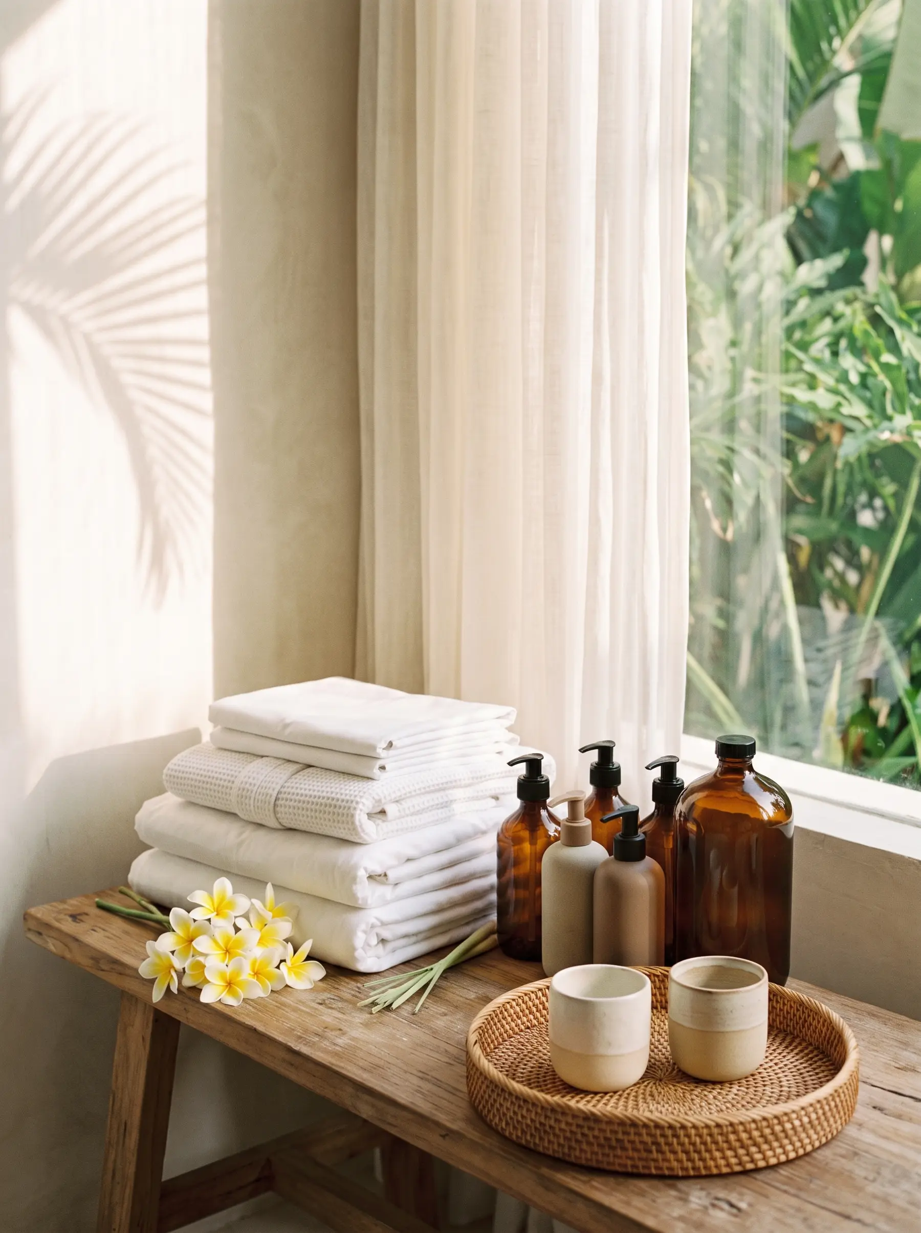 Stack of white hotel linen, ceramic amenity dispensers and craft ceramics styled on a teak bench in a Bali villa