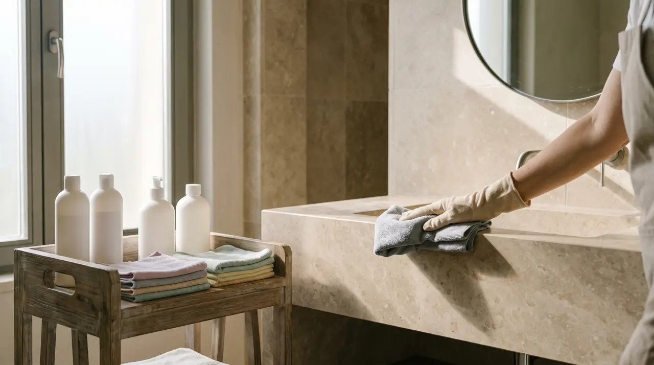 Housekeeping cart with refill bottles and microfibre cloths beside a marble washbasin
