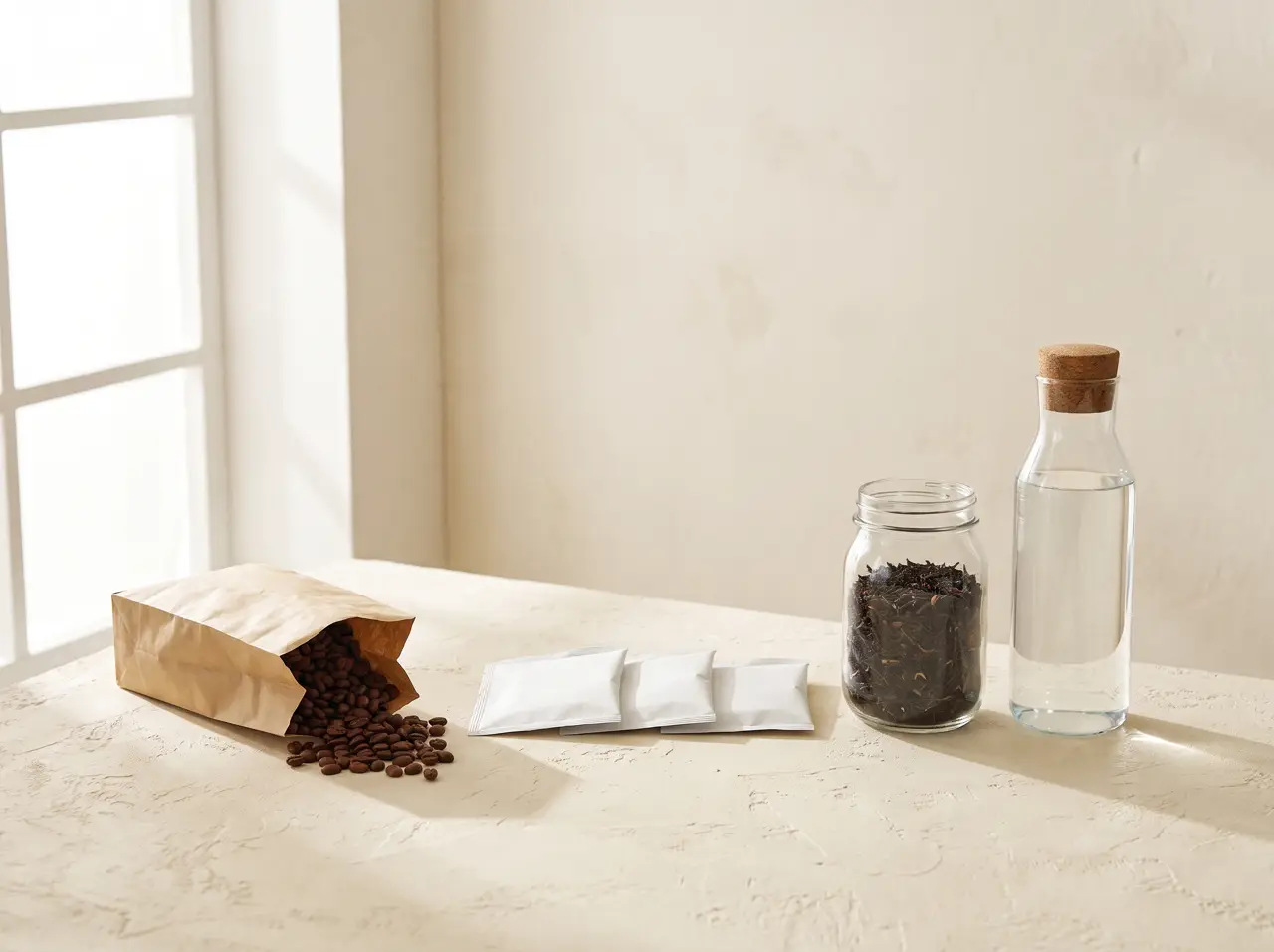 Roasted coffee beans, drip bags, loose tea jar and glass water bottle
