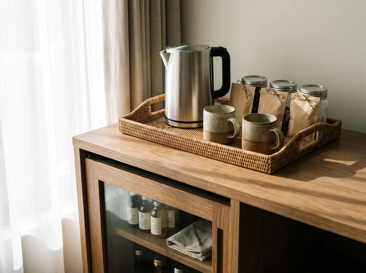 Brushed steel kettle on a rattan tray with stoneware mugs and minibar