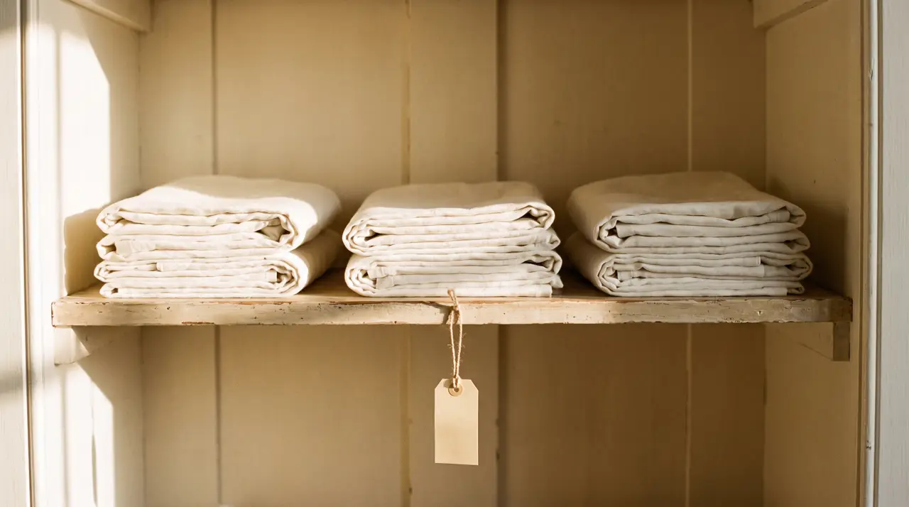 Villa linen room with three labelled shelves of folded white sheets and towels, one shelf per par