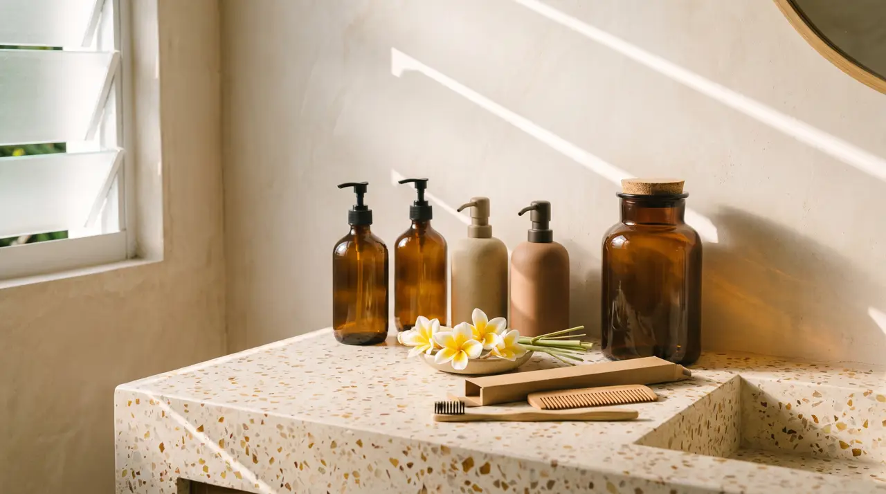 Amber glass and ceramic amenity dispensers with a refill canister and eco kit on a villa vanity