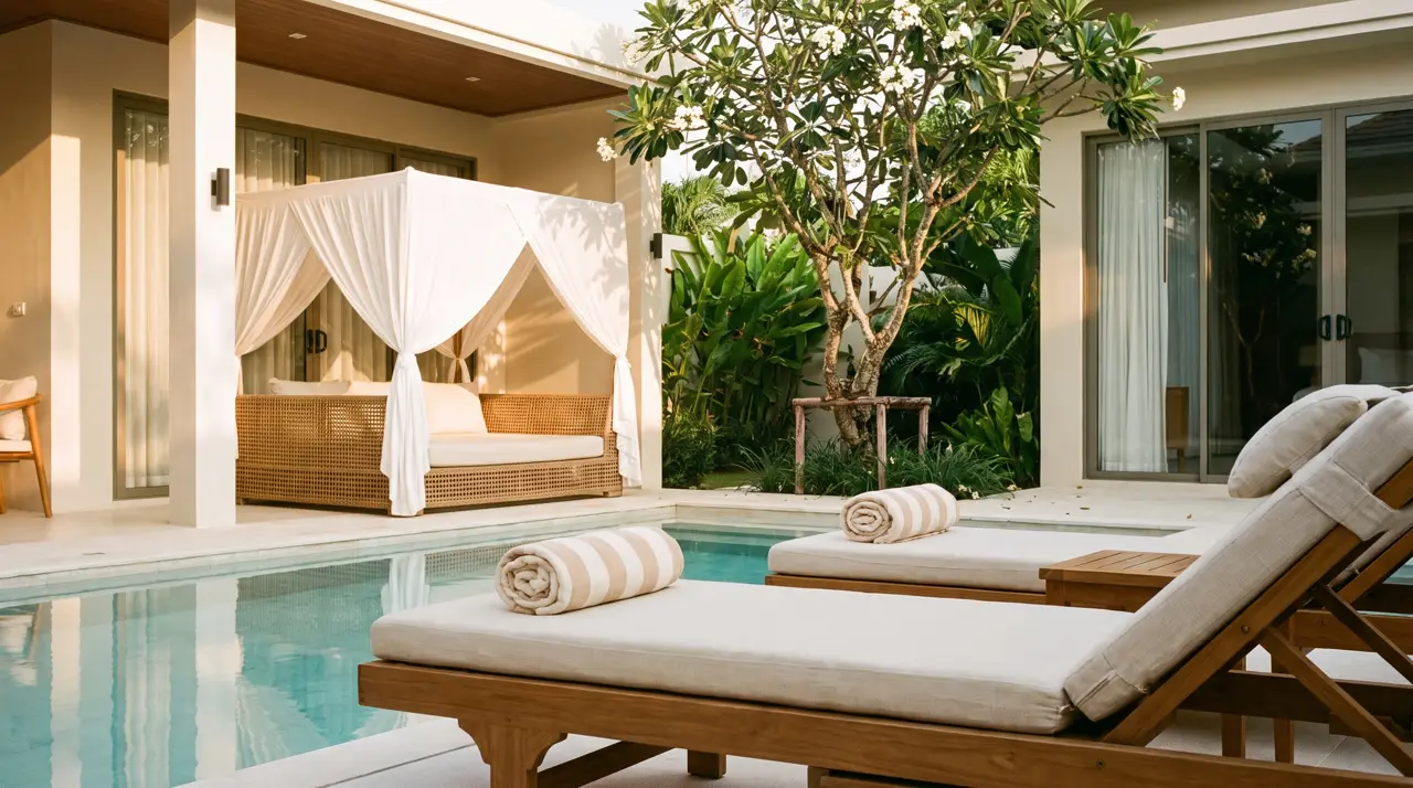 Teak sun loungers with ecru cushions and a canopy daybed on a Bali villa pool deck at golden hour