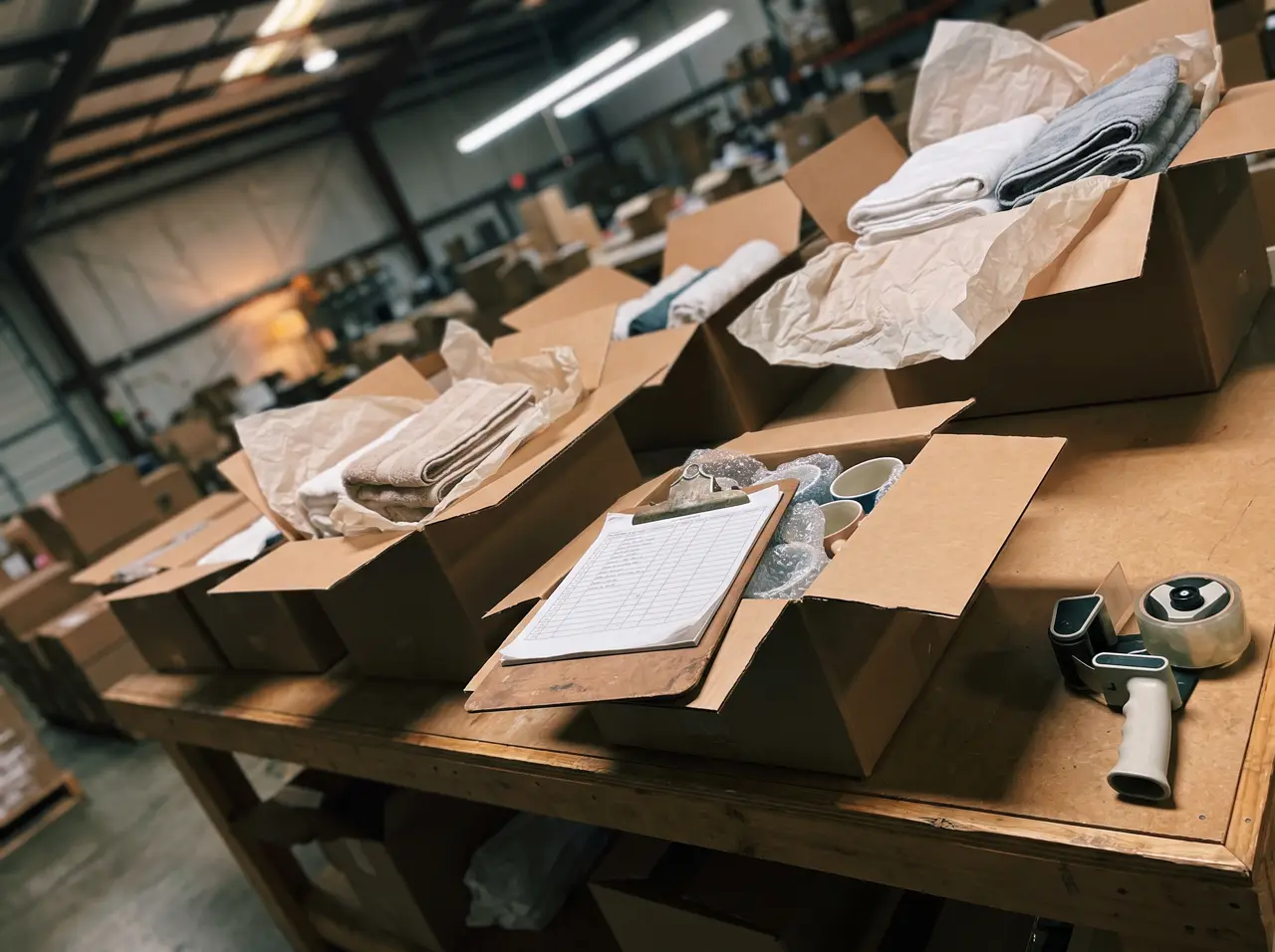 Packing table with cartons of towels and ceramic cups mid-packing