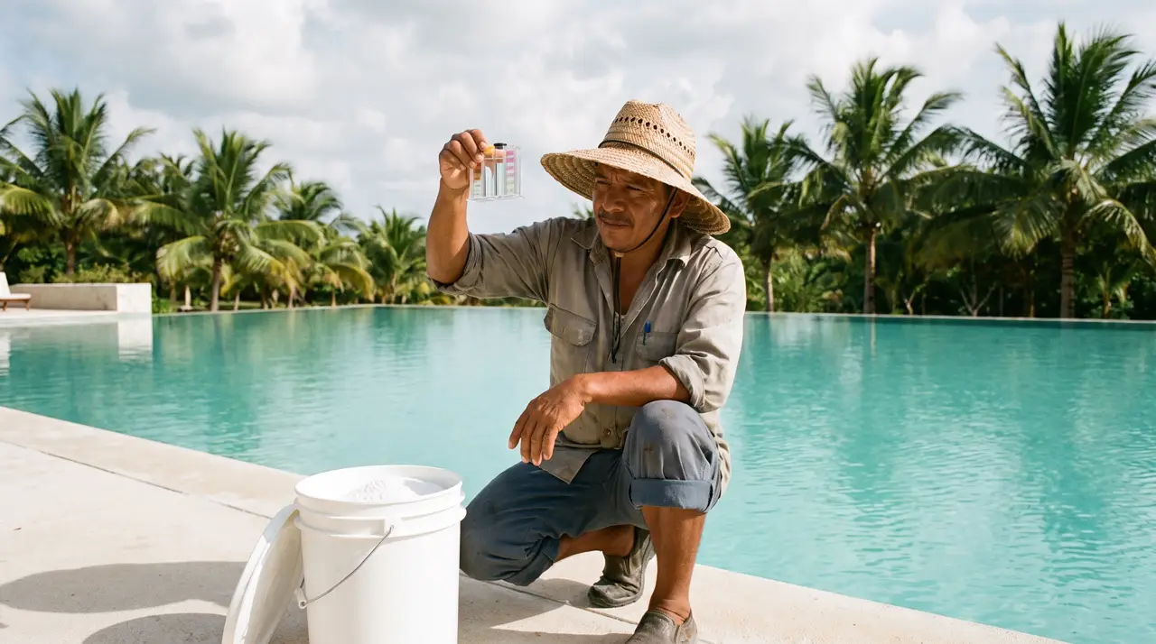 Pool technician holding a water test vial at a villa pool edge with a chlorine pail beside