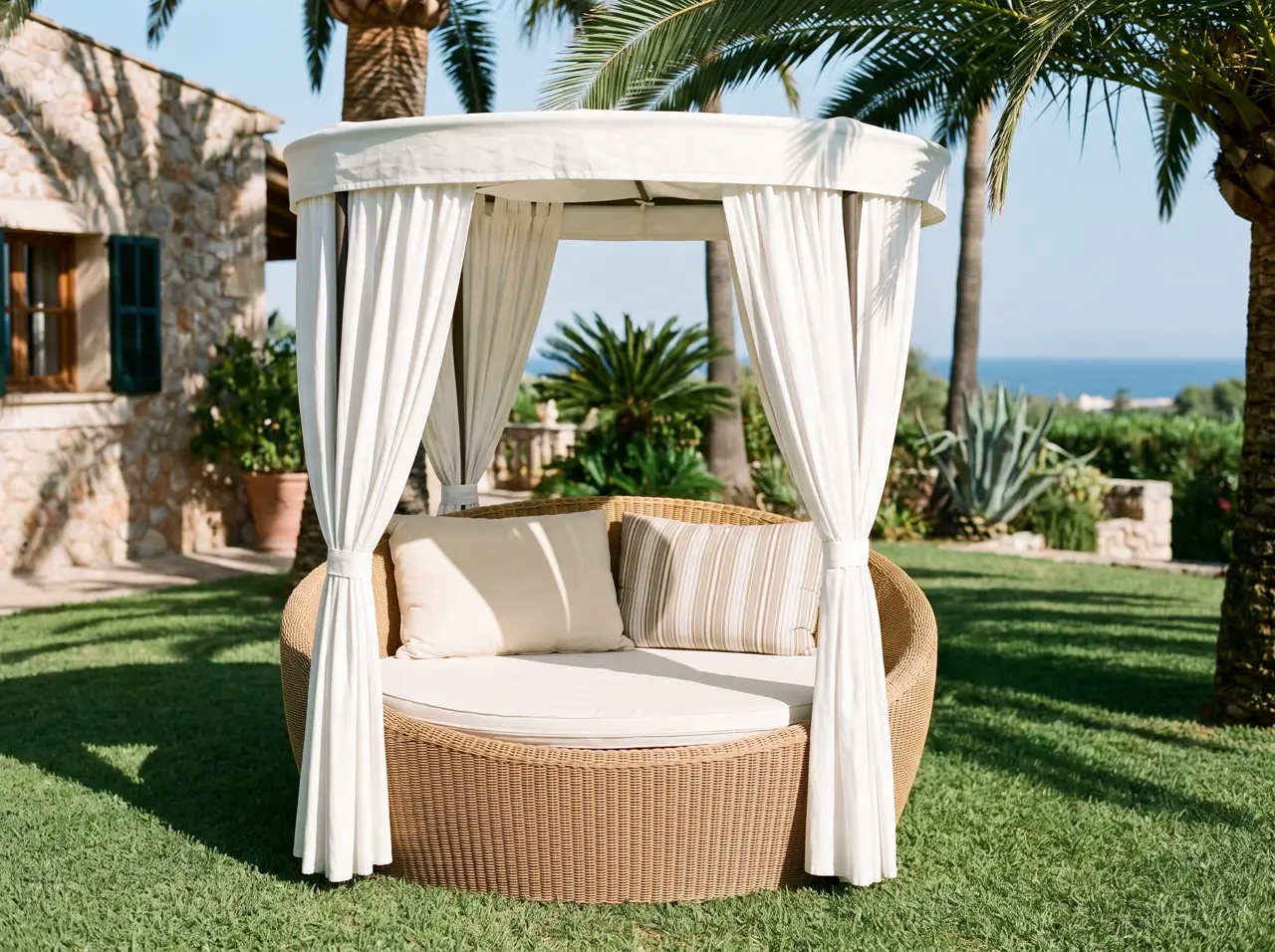 Round rattan daybed with white canopy on a villa lawn
