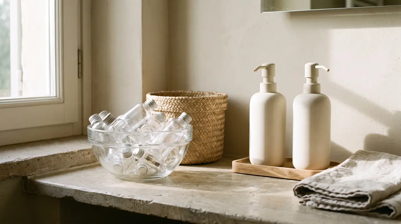 Amber glass amenity dispensers and a returnable glass water bottle replacing plastic minis on a villa shelf