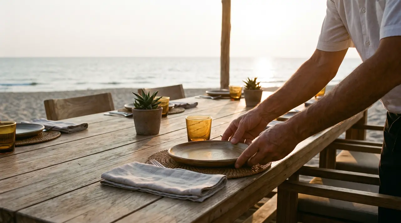 Cafe table set with craft ceramic plates, glassware and a pour-over coffee by the beach