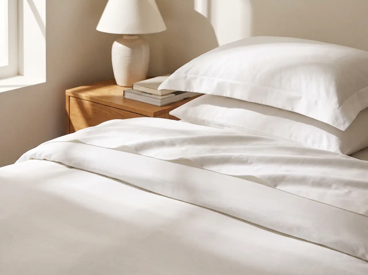 Bed corner in white sateen with folded percale set and pillowcases