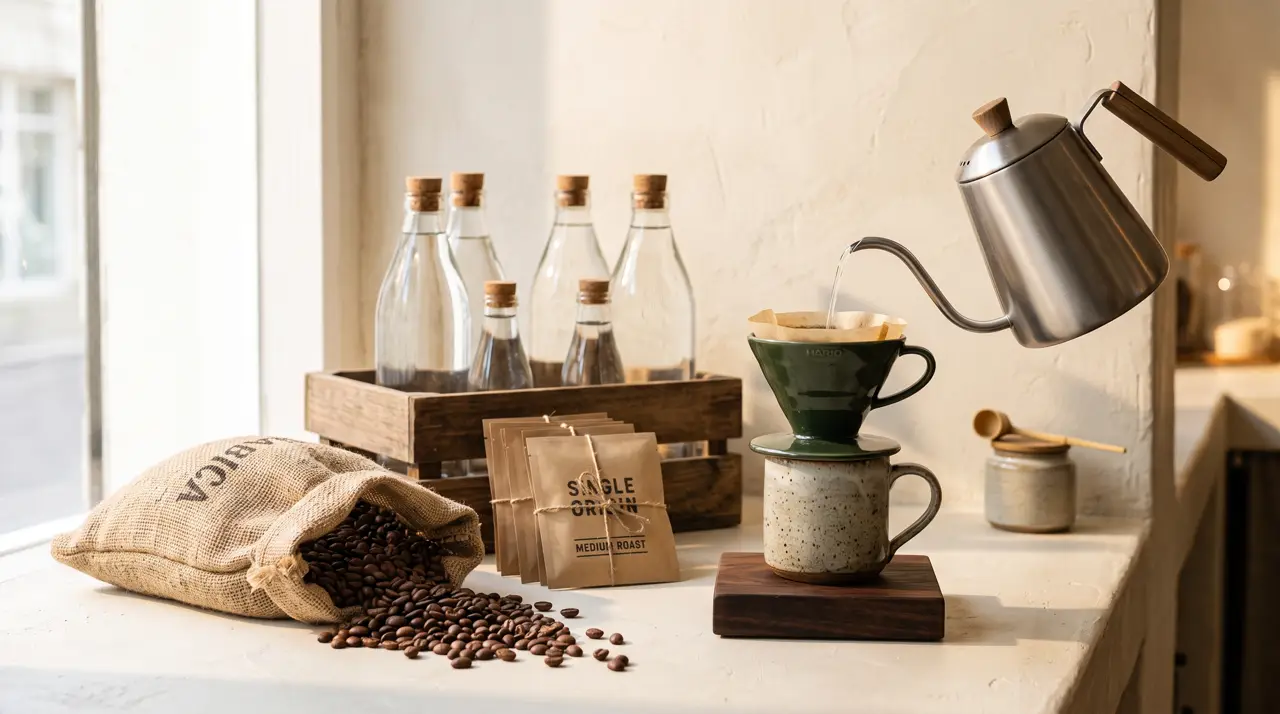 Roasted coffee beans, drip bags, ceramic dripper and glass water bottles on a barista counter