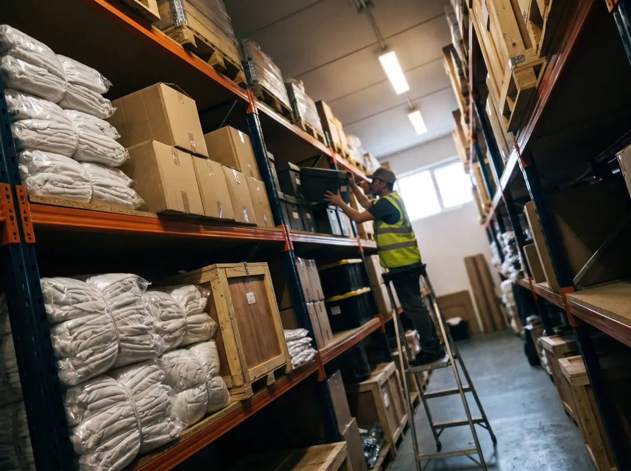 Racks with linen bales and amenity boxes in the Denpasar warehouse