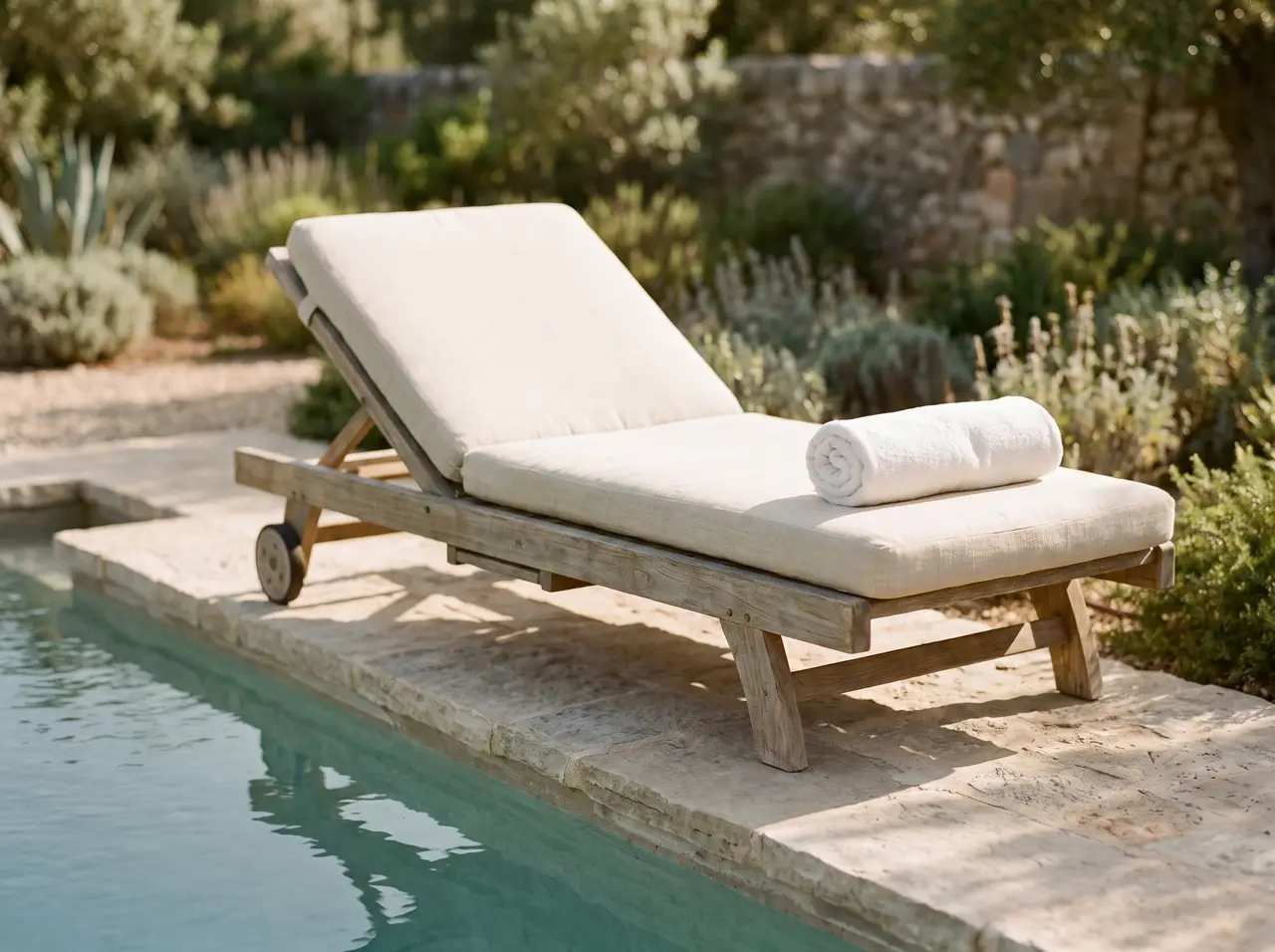 Teak sun lounger with ecru cushion at a pool edge
