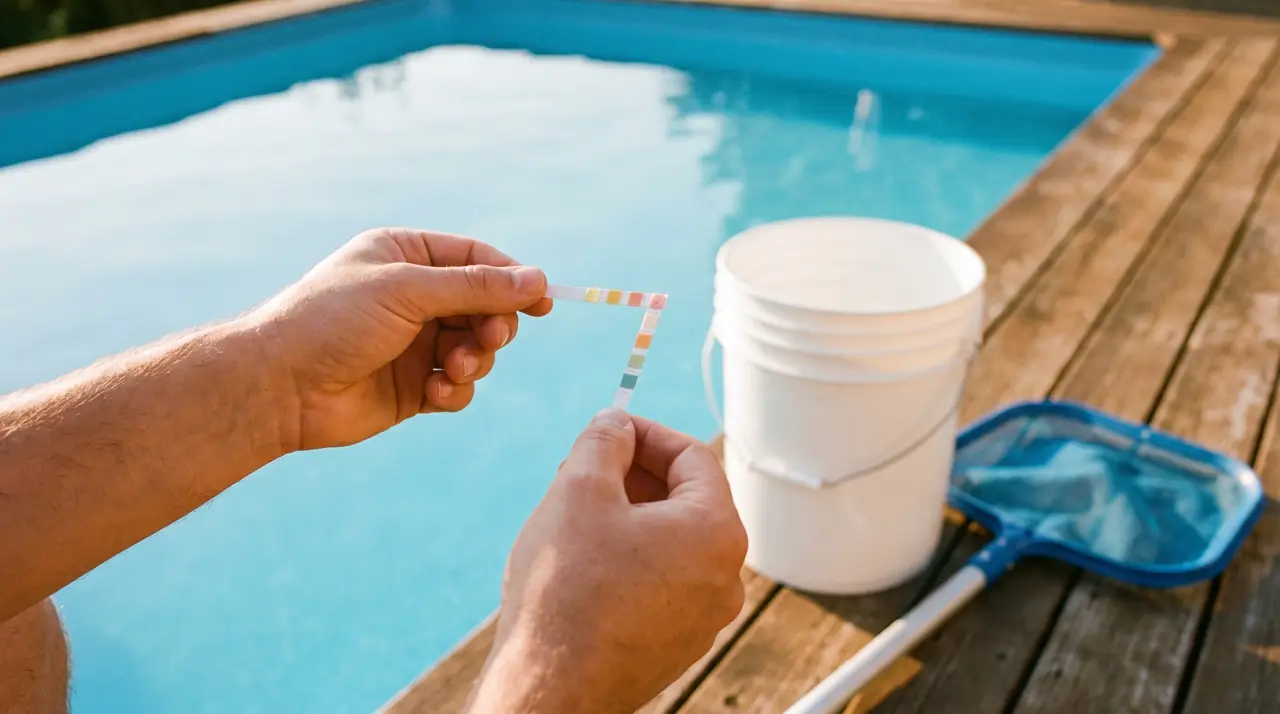 Villa staff member comparing a pool test strip against its colour chart beside a turquoise pool