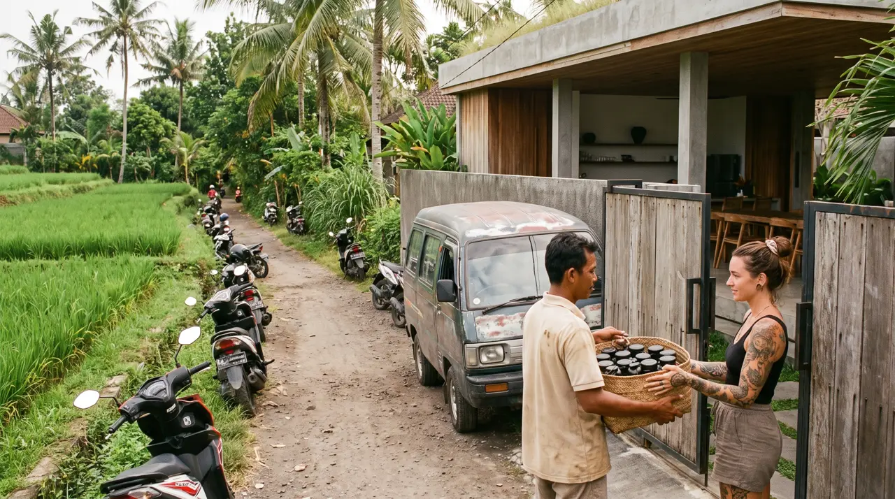 Supply van parked in a narrow Canggu lane delivering amenity boxes to a modern tropical villa gate