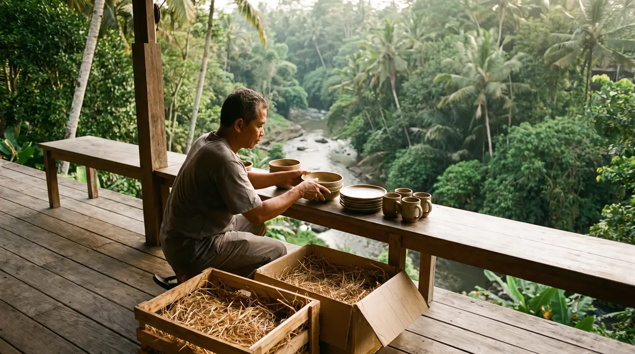 Craft ceramic tableware and folded spa robes unloaded at a jungle boutique hotel entrance near Ubud