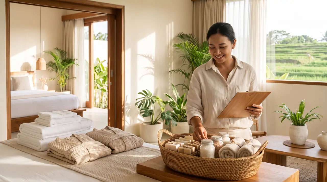 Housekeeper arranging white linen and amenity dispensers in a bright pool villa bedroom