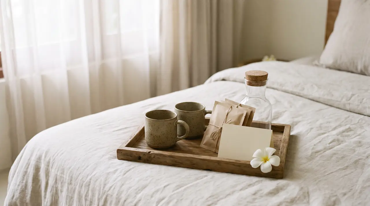 Welcome tray with drip-bag coffee, loose-leaf tea, palm sugar and a glass water bottle in a villa room