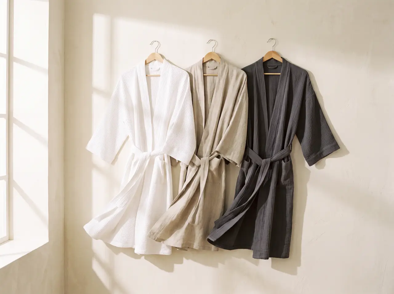 Waffle cotton, linen and muslin robes on wooden hangers